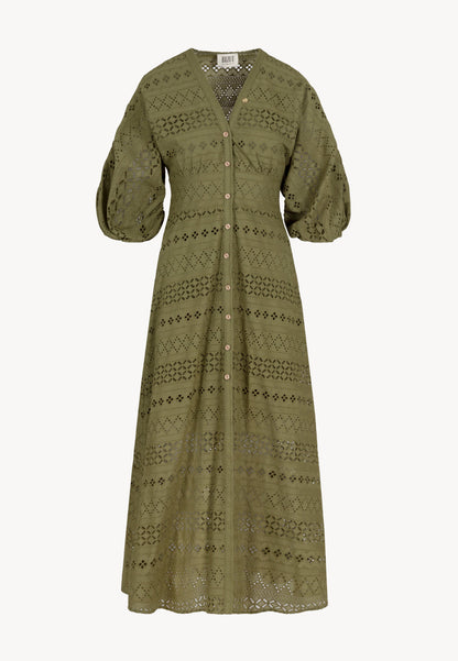 Midi dress with a V-neck, buttons, and 3/4 sleeves, REPOSA in khaki