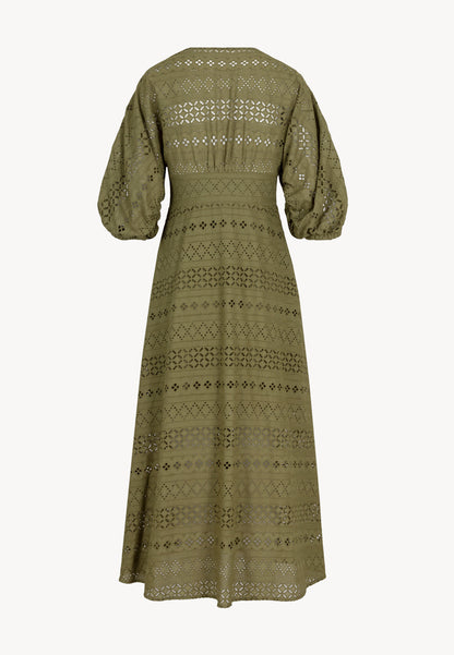 Midi dress with a V-neck, buttons, and 3/4 sleeves, REPOSA in khaki