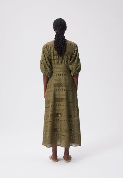 Midi dress with a V-neck, buttons, and 3/4 sleeves, REPOSA in khaki