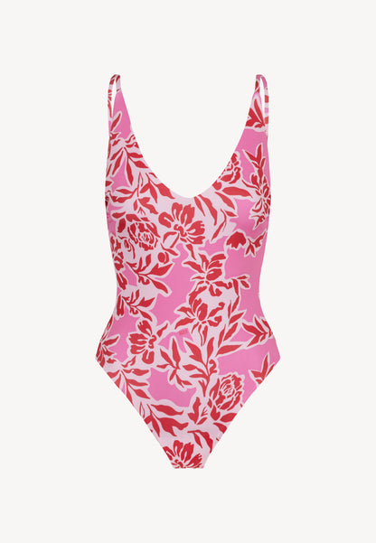 One-piece swimsuit with a V-neck and deep back cut, PALAVA in pink