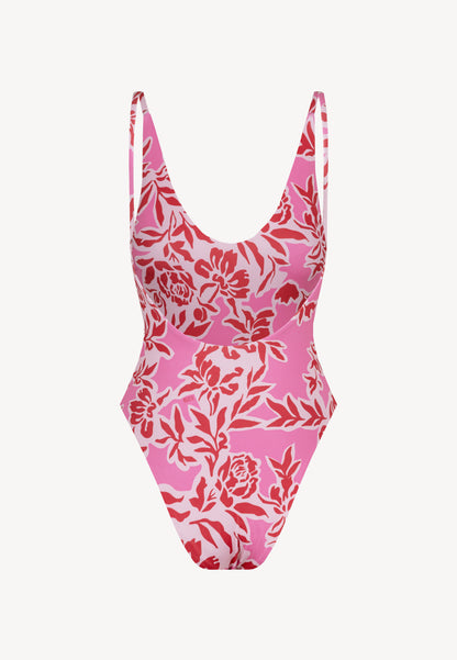 One-piece swimsuit with a V-neck and deep back cut, PALAVA in pink