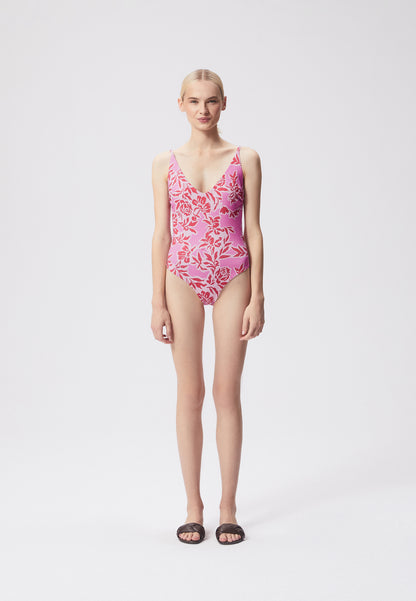 One-piece swimsuit with a V-neck and deep back cut, PALAVA in pink