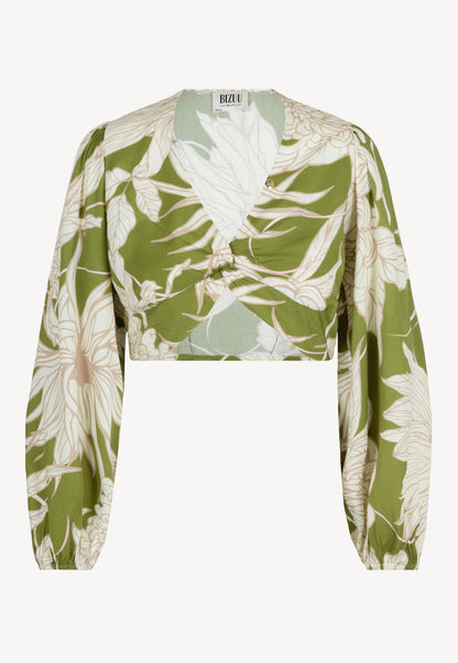 Short women's blouse with original floral print and decorative lacing, LEIA in green