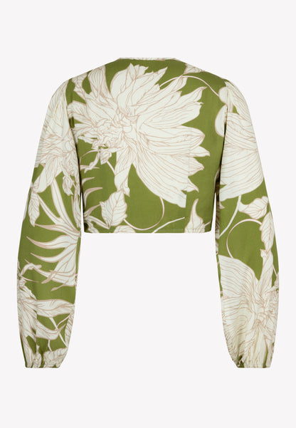 Short women's blouse with original floral print and decorative lacing, LEIA in green
