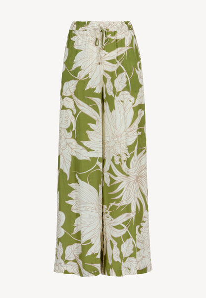 Women's pants with wide legs and original floral print, GRASSA in green