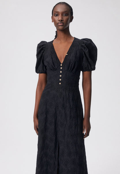 Maxi dress with a V-neck and English embroidery, FIFI in black