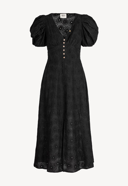 Maxi dress with a V-neck and English embroidery, FIFI in black