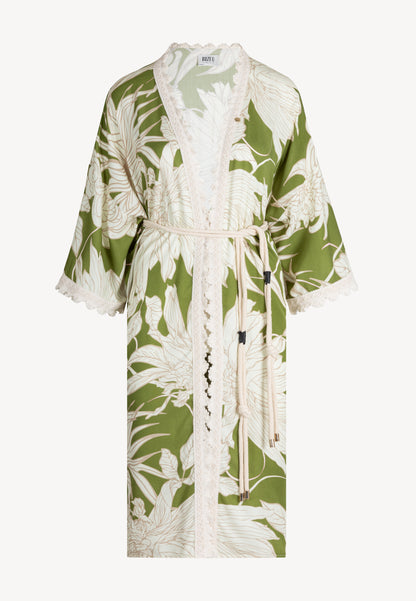 Kimono with a belt and original pattern, DILY in green