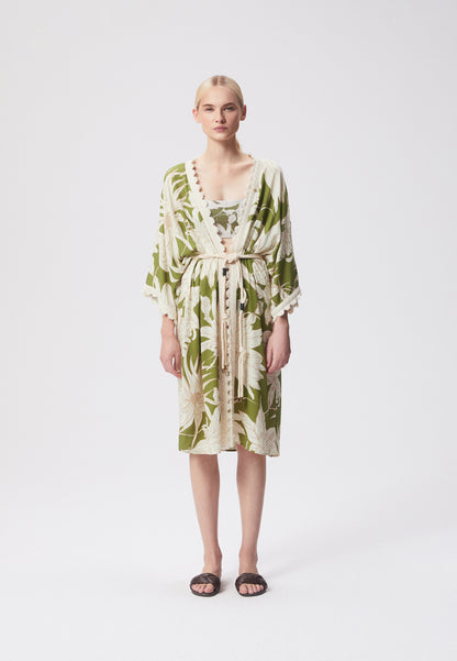 Kimono with a belt and original pattern, DILY in green