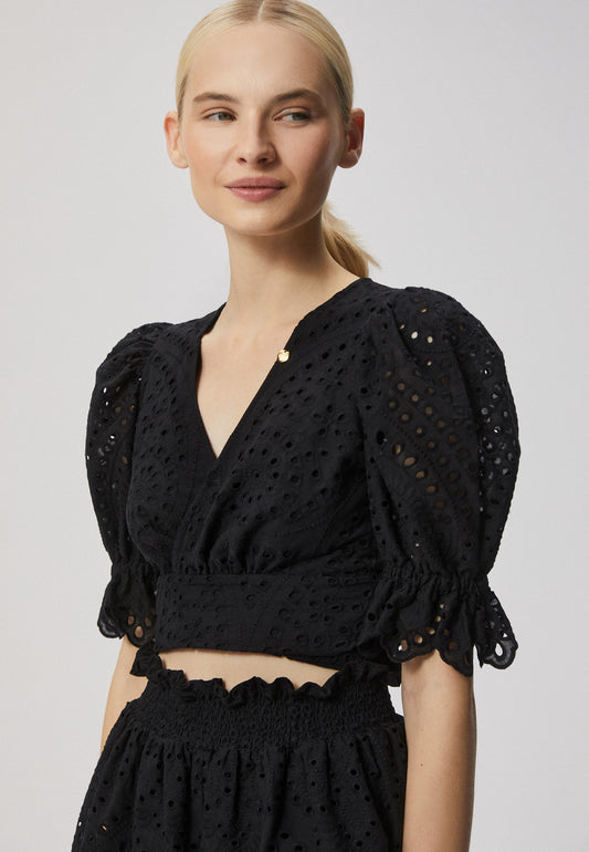 Women's wrap top with English embroidery, PALAU in black