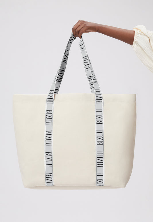 Cotton bag with a logo tape, BAGGO in cream