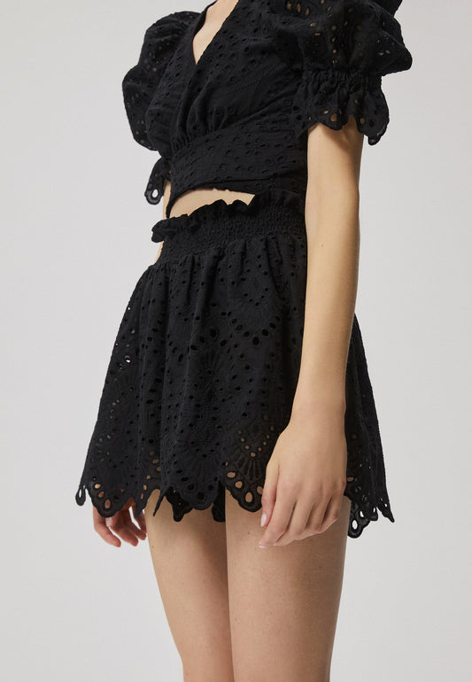 Shorts with a flared bottom and English embroidery, RIESCO in black