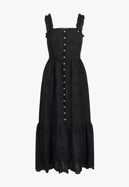 Midi dress with wide straps and English embroidery, BARCONNA in black