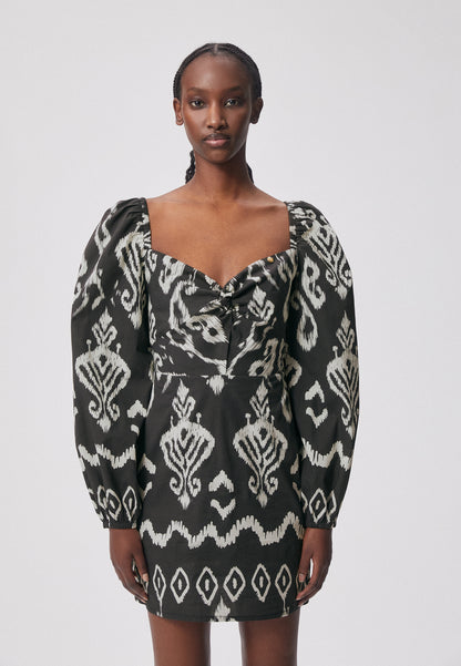 A mini dress with puffy sleeves and an original pattern NEVIS black