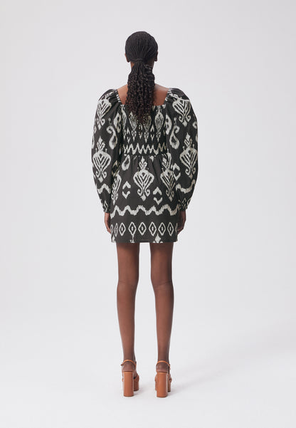 A mini dress with puffy sleeves and an original pattern NEVIS black