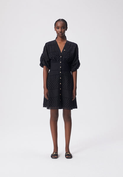 A trapeze dress with broderie anglaise and buttons CAVIANA black