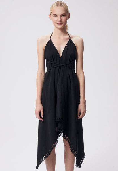 A dress with a V-neck and asymmetrical hem JUIN black