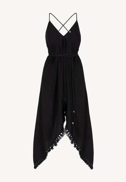A dress with a V-neck and asymmetrical hem JUIN black