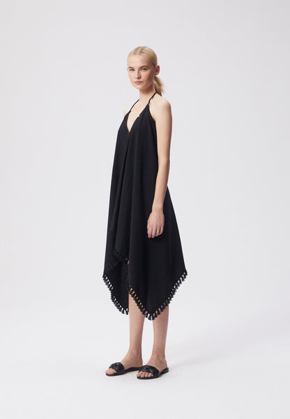 A dress with a V-neck and asymmetrical hem JUIN black