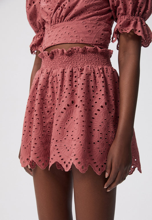High-waisted shorts with broderie anglaise RIESCO pink