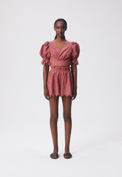 High-waisted shorts with broderie anglaise RIESCO pink