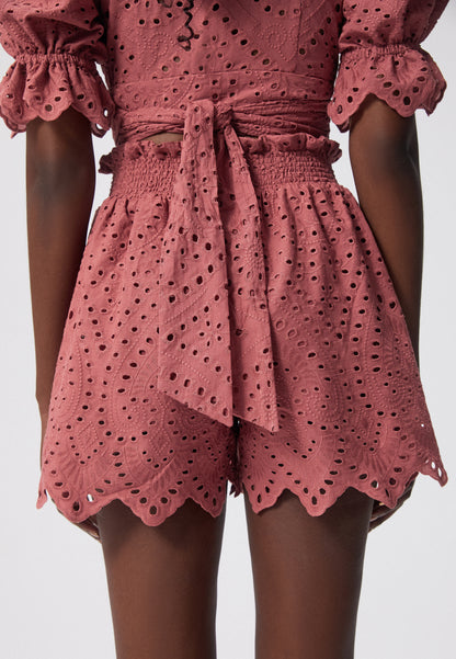 High-waisted shorts with broderie anglaise RIESCO pink