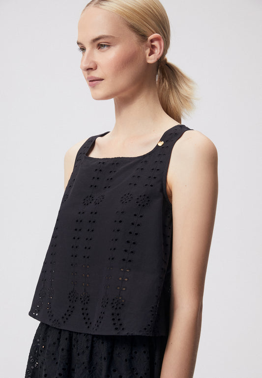 A women's top with broderie anglaise and a rounded square neckline SAYULA black