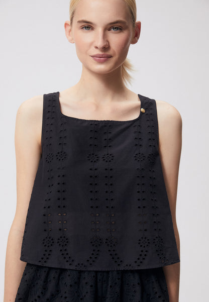 A women's top with broderie anglaise and a rounded square neckline SAYULA black