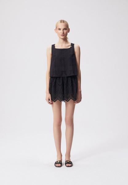 A women's top with broderie anglaise and a rounded square neckline SAYULA black