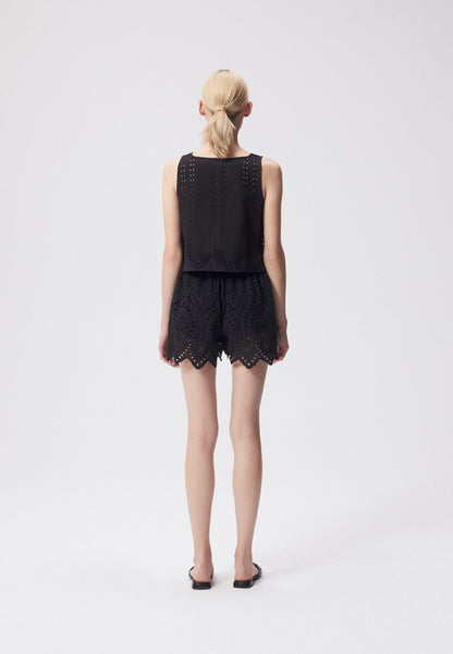 A women's top with broderie anglaise and a rounded square neckline SAYULA black