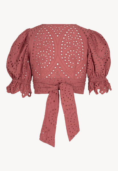 A short women's top with a V-neck and broderie anglaise PALAU pink