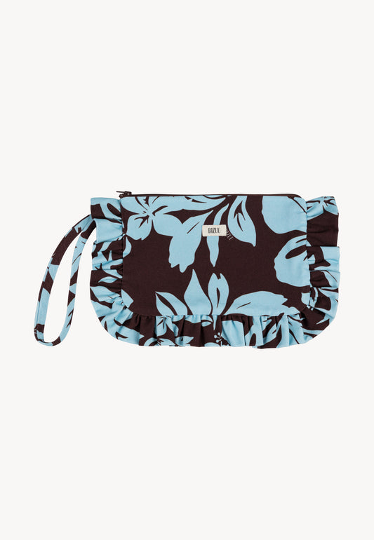 A small cosmetic bag with an original print and ruffles OLSO brown