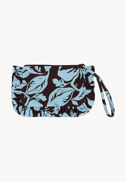 A small cosmetic bag with an original print and ruffles OLSO brown