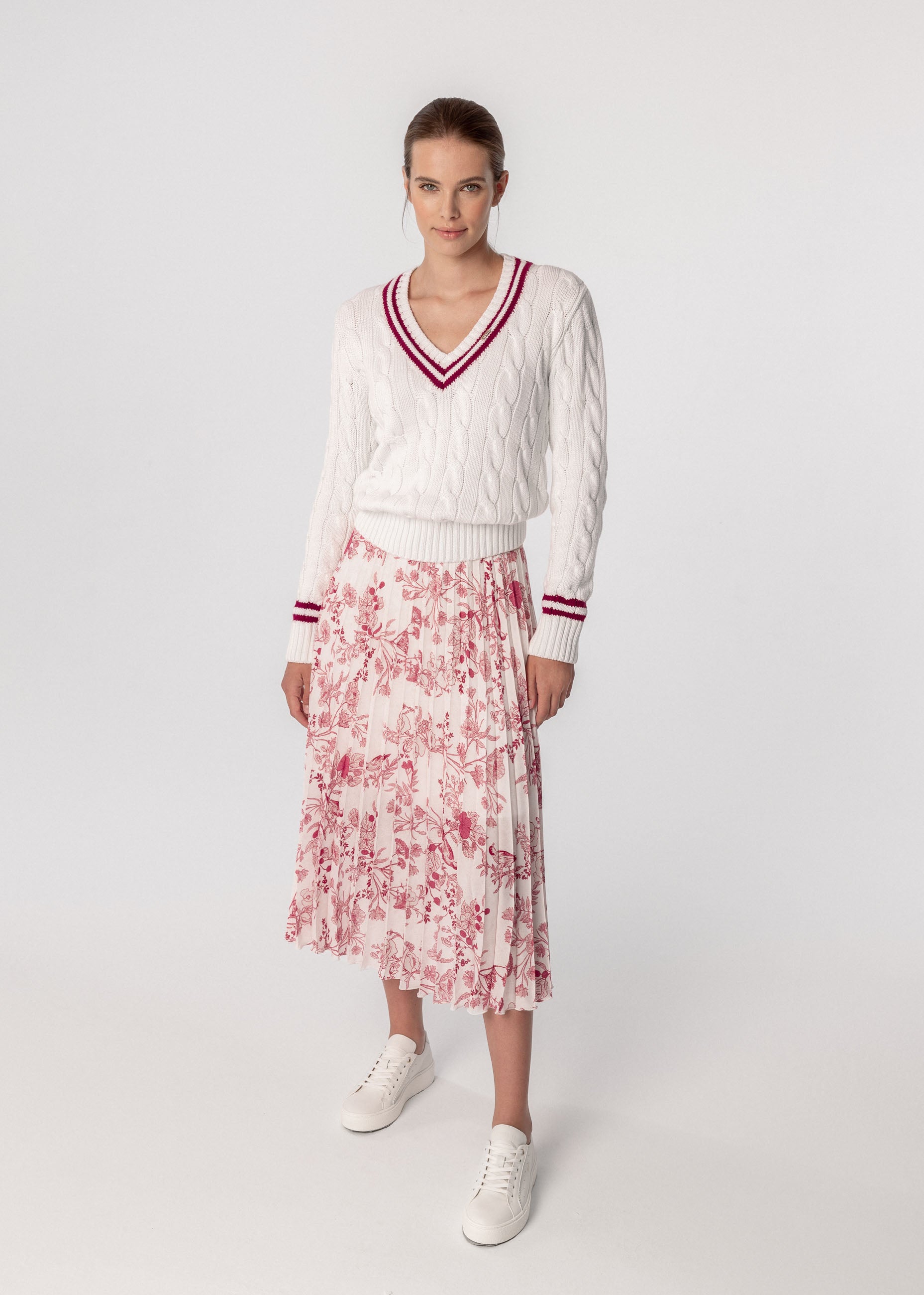 Women's v-neck cable knit sweater DRIANNI white – Bizuu