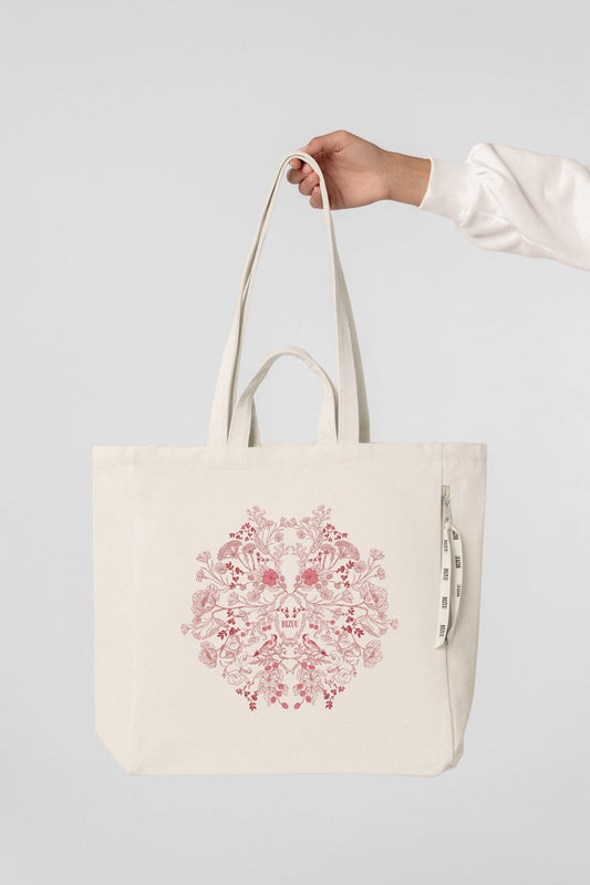 Cotton tote bag with floral print LENCIA cream