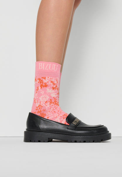 Cotton socks with ribbing and original floral jacquard SERAFIL pink