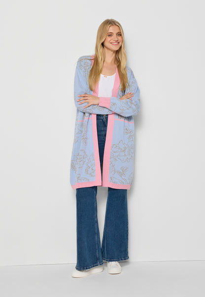 Long merino wool cardigan with floral pattern AESTAS blue