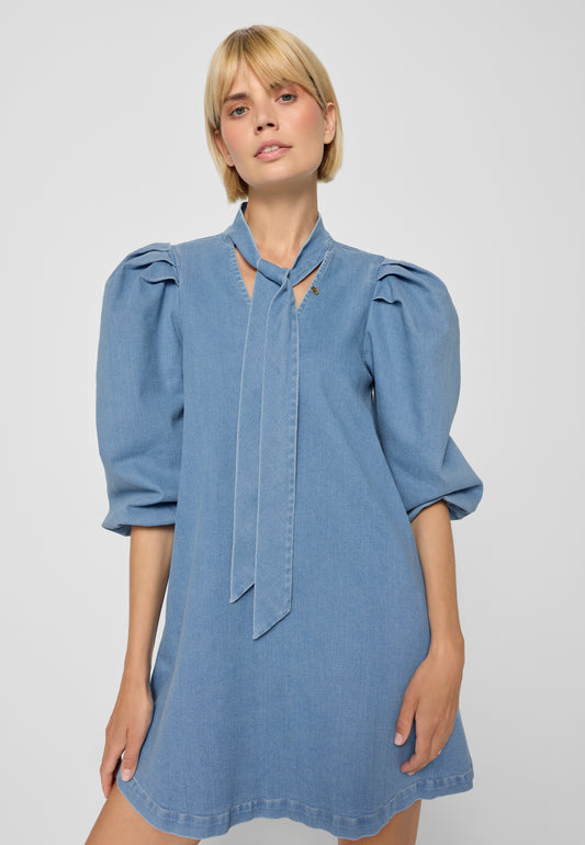 Denim dress with V-neck in ADRY in blue