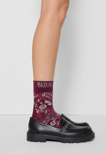 Women's floral socks with ribbed cuff SERAFIL in burgundy