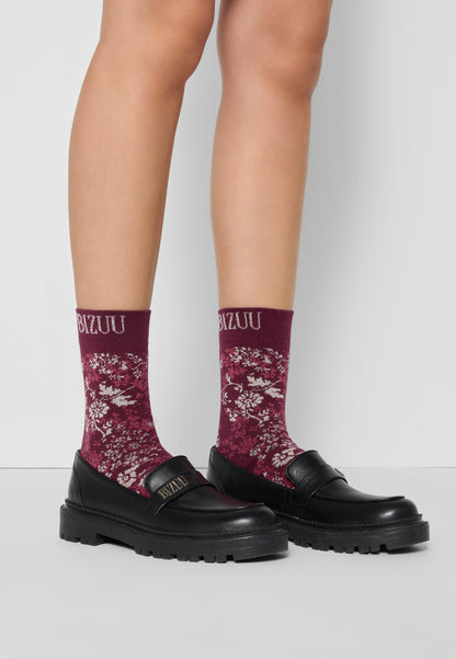 Women's floral socks with ribbed cuff SERAFIL in burgundy