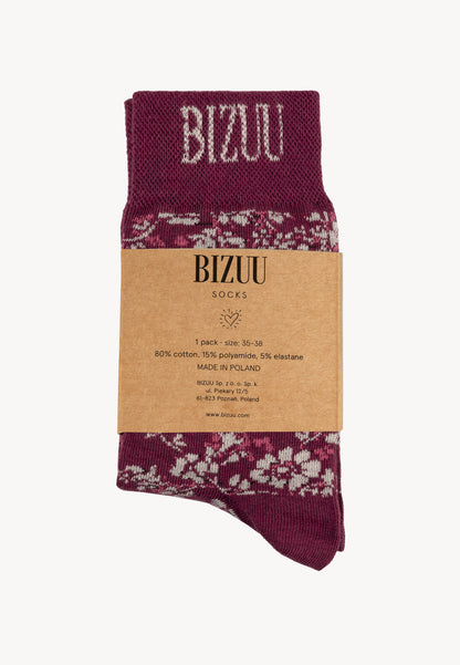 Women's floral socks with ribbed cuff SERAFIL in burgundy