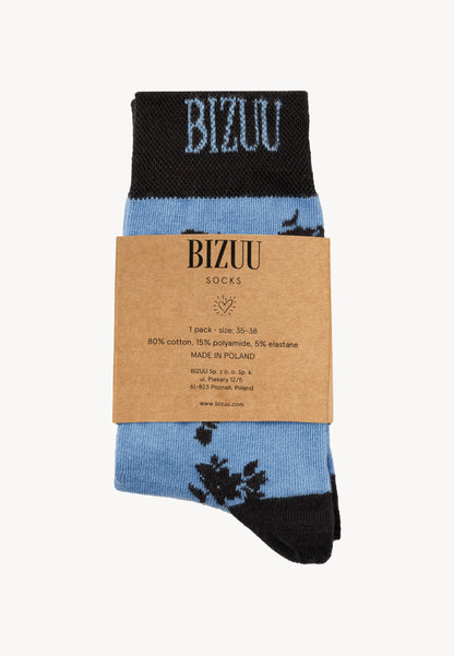 Women's flower patterned socks with ribbing SERAFIL in blue