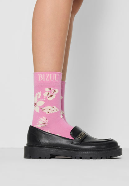 Women's floral socks with ribbed cuffs SERAFIL in pink.