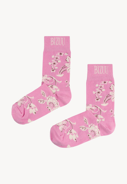 Women's floral socks with ribbed cuffs SERAFIL in pink.