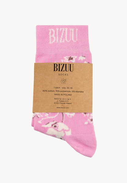 Women's floral socks with ribbed cuffs SERAFIL in pink.