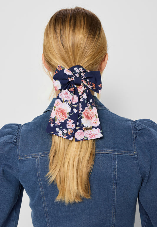 Hair tie with a bow in floral print LOLLI blue