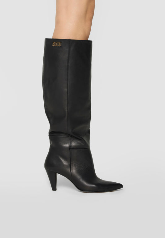 Leather high heels boots with metal logo ERIE black