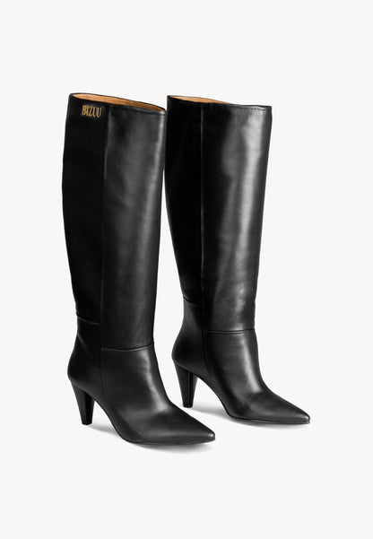 Leather high heels boots with metal logo ERIE black