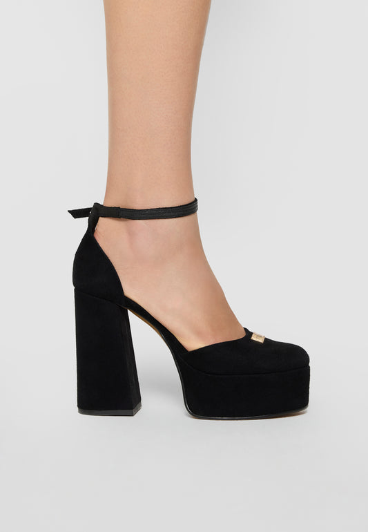 Leather Suede Heels with a Thick Block Heel and Platform AURA black