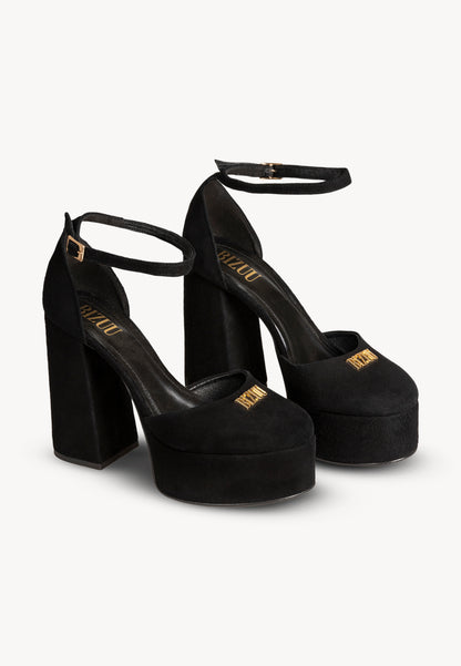 Leather Suede Heels with a Thick Block Heel and Platform AURA black